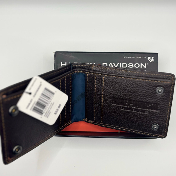 Harley Davidson Mens Genuine Leather RFID Bifold Wallet MWM079/01 Brown - Picture 8 of 13